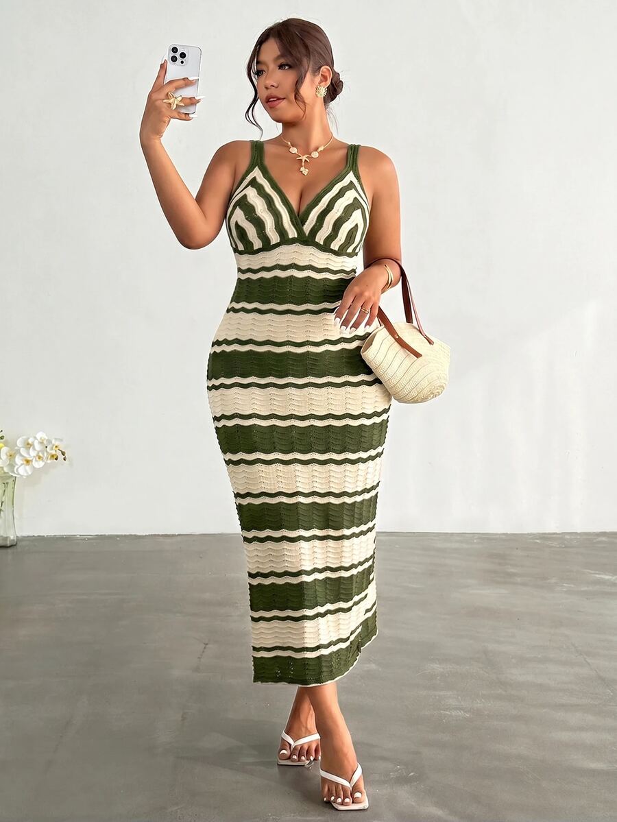 front close view of colorblock striped sleeveless knit midi dress