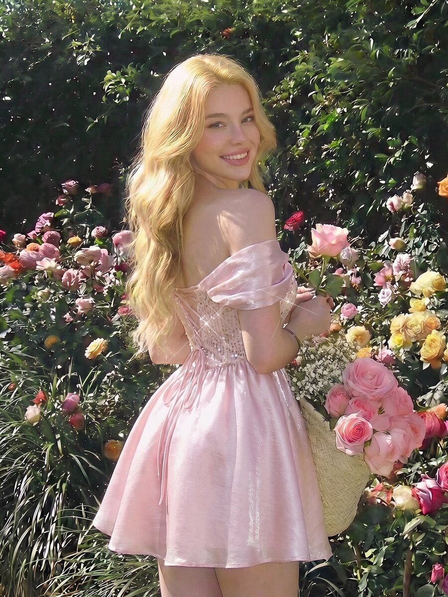 Elegant Pink Sequin Off-Shoulder Dress with Puffy Sleeves for Parties and Special Occasions 