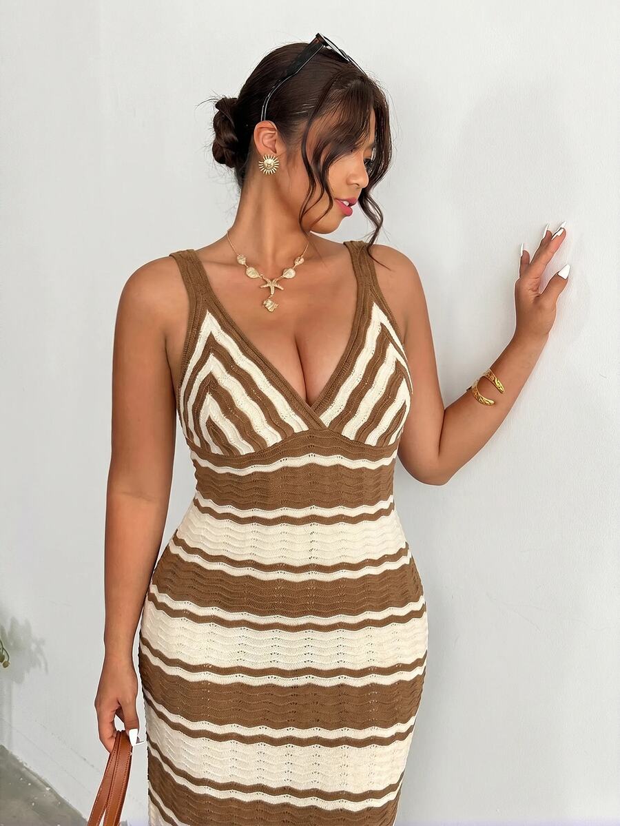 upper front view of colorblock striped sleeveless knit midi dress