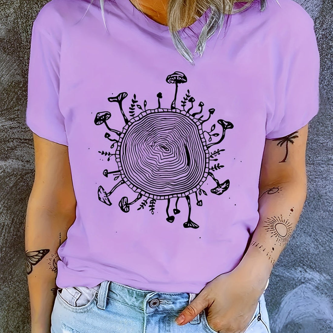 Stay stylish and comfortable with our Whimsical Mushroom Print Casual Tee. Made with short sleeves, this top is perfect for any casual outing. With unique mushroom print, stand out in style. Comfortable and trendy - perfect for any woman. Get it now and elevate your wardrobe!