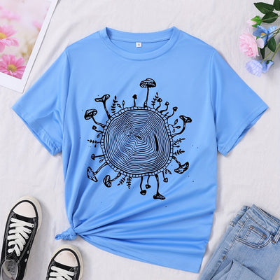 Whimsical Mushroom Print Casual Tee for Women - Short Sleeve Comfort Top