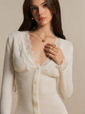 Close-up of the ivory dress neckline showing floral lace edging, knit texture and front buttons
