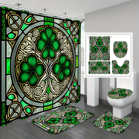 Upgrade your bathroom with the Green Clover Leaf Pattern Shower Curtain Set. Made with a waterproof material and equipped with 12 hooks, this shower curtain not only adds a touch of design with its clover leaf pattern, but also ensures a hassle-free and dry shower experience.