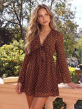 Brown polka dot deep V neck bell sleeve mini dress