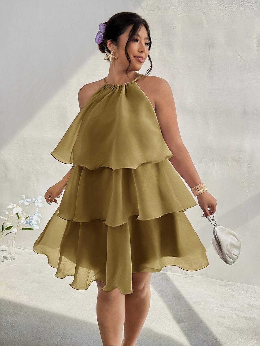 Alternate front view of olive ruffled halter party dress