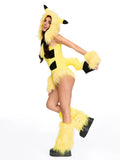 Back view of yellow hooded anime cosplay bodysuit with contrast faux fur trim