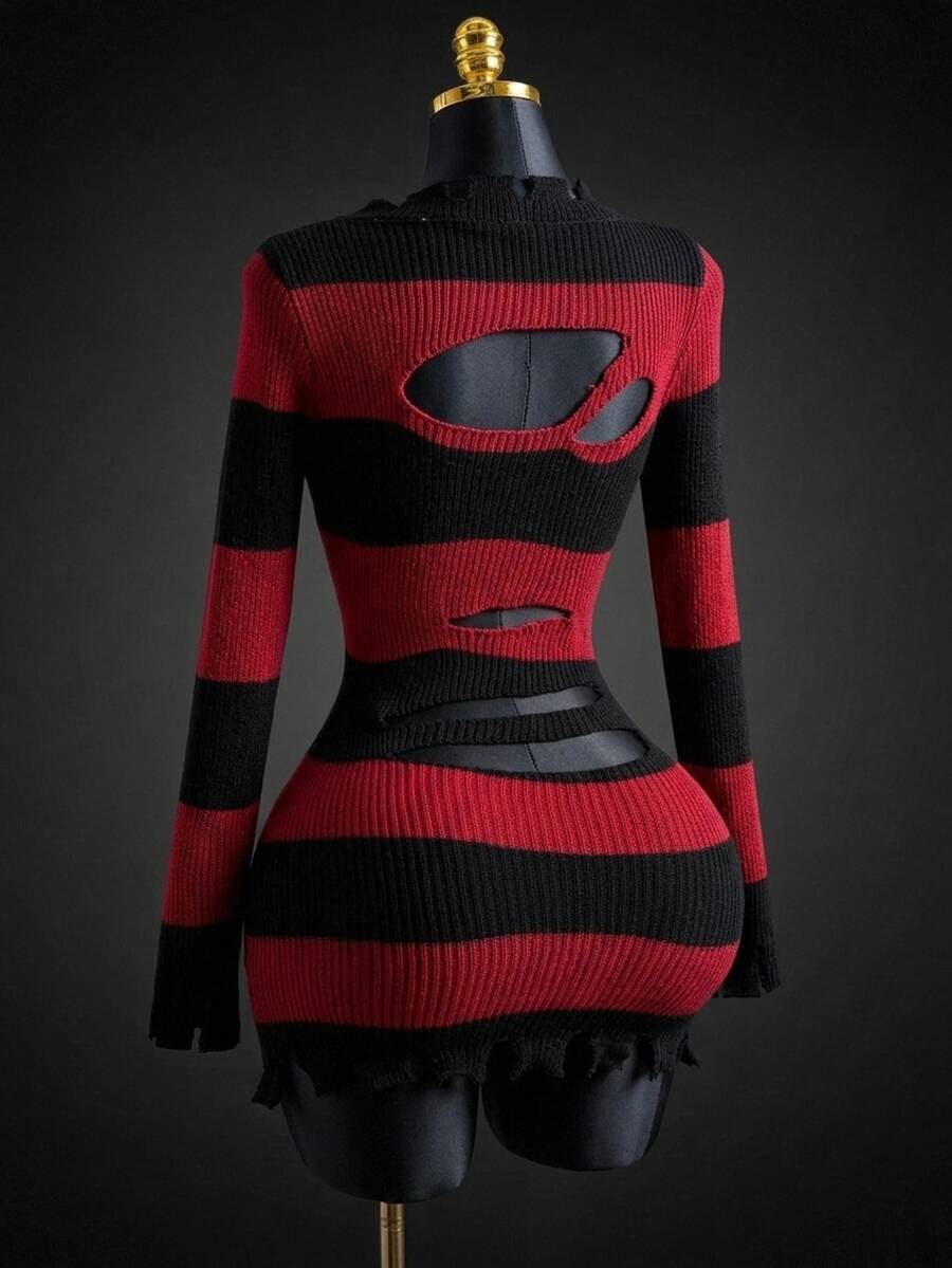 Front view of red and black striped rib-knit mini dress with chest and waist cutouts