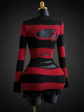 Back view of red and black striped long sleeve knit mini dress with open back cutouts
