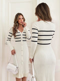 Front and back view of beige and black striped rib-knit midi dress with fitted waist and softly flared hem