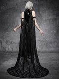 Back view of black gothic velvet maxi dress with lace cape train and keyhole back