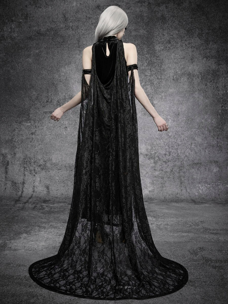 Back view of black gothic velvet maxi dress with lace cape train and keyhole back