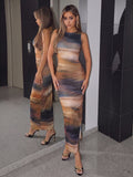 Side back view of pink and white tie-dye bodycon maxi dress