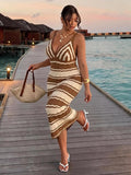 front full view of colorblock striped sleeveless knit midi dress