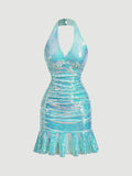 Light Blue Halter Neck Backless Sequin Mini Dress with Ruffle Hem for Parties and Graduations 