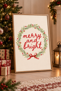Merry and Bright wreath holiday canvas print in wood frame