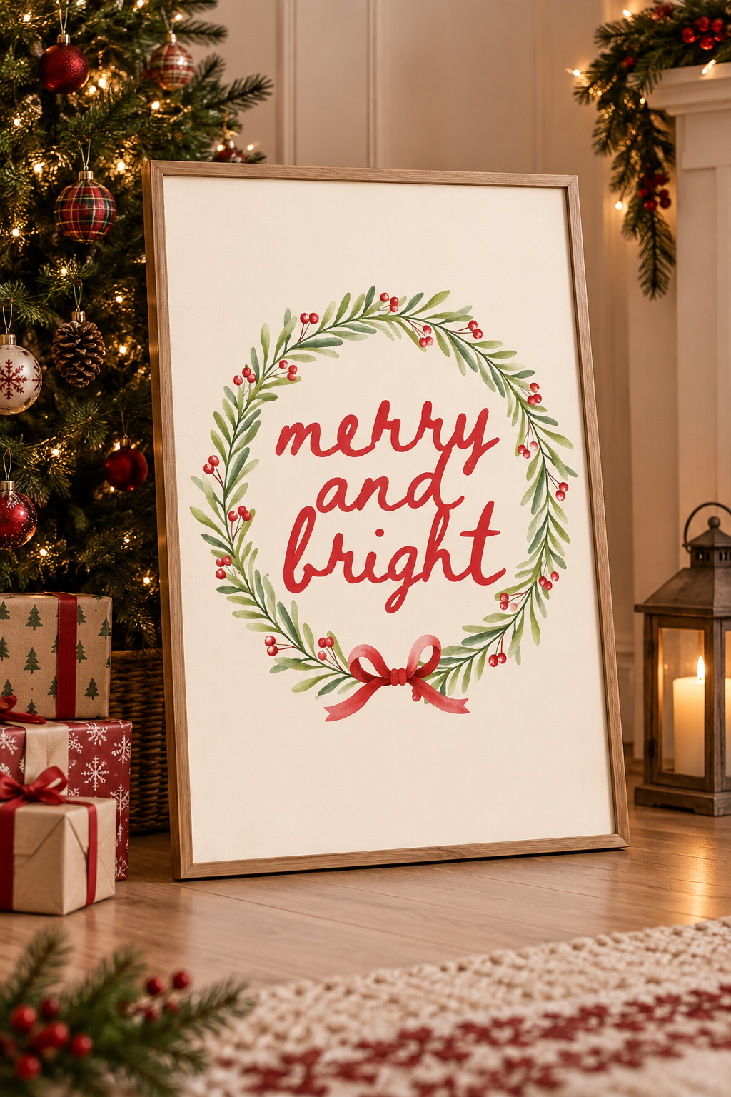 Merry and Bright wreath holiday canvas print in wood frame