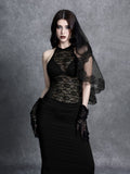Close front view of black floral lace bodice and ruched maxi skirt