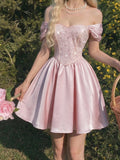 Elegant Pink Sequin Off-Shoulder Dress with Puffy Sleeves for Parties and Special Occasions 