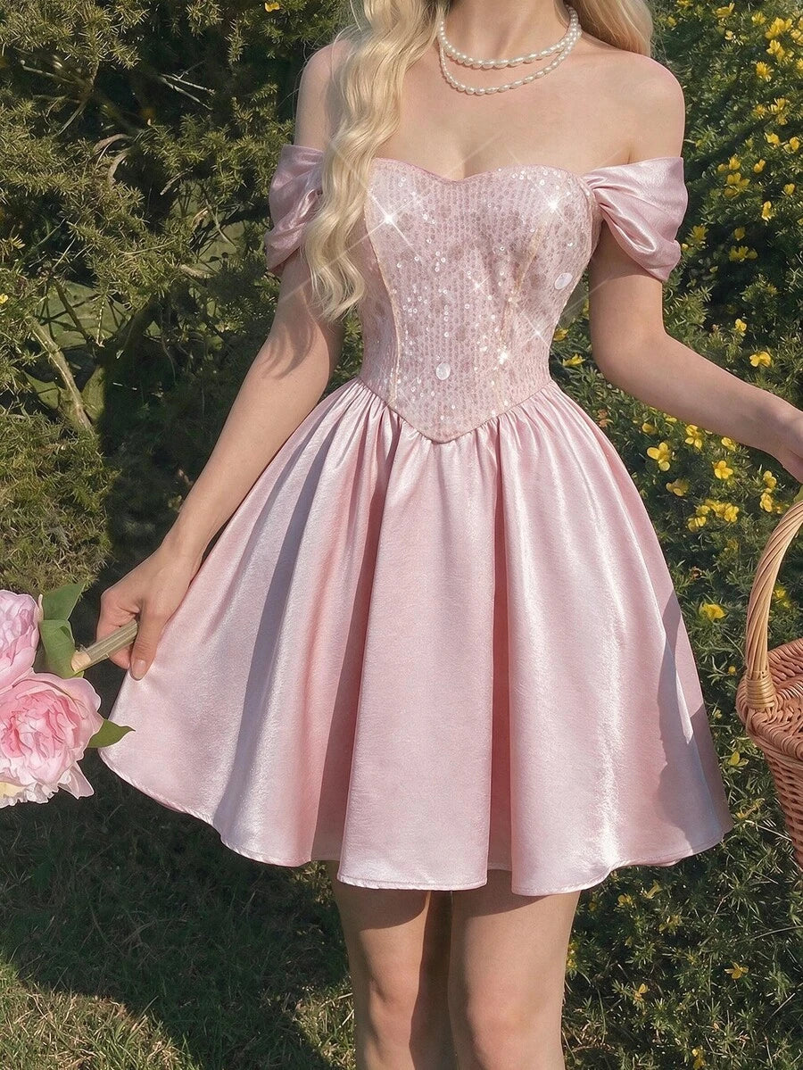 Elegant Pink Sequin Off-Shoulder Dress with Puffy Sleeves for Parties and Special Occasions 