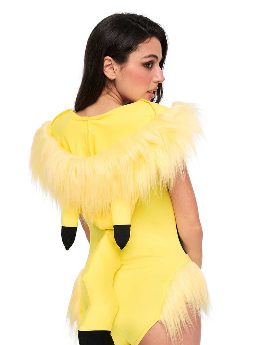 Close-up view of yellow anime bodysuit cartoon print and faux fur patchwork