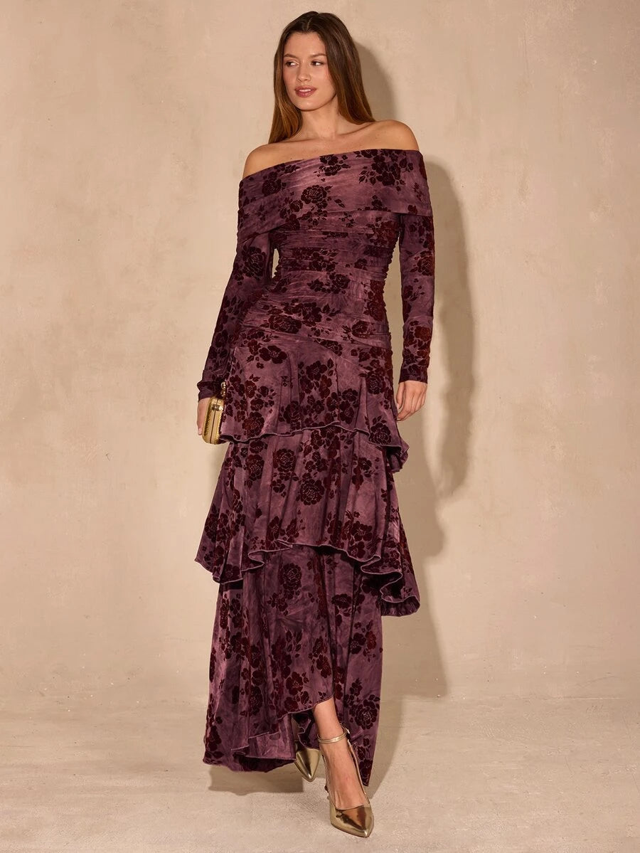 Full view of burgundy floral off shoulder tiered maxi evening dress with flowing high-low hem