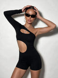 Full front view of black cutout one-sleeve short unitard