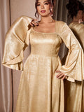 Close-up of square neckline, fitted bodice and metallic gold finish