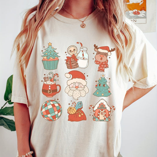 Festive Women's Christmas Print T-Shirt: Holiday Top for Casual Wear