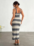 front close view of colorblock striped sleeveless knit midi dress