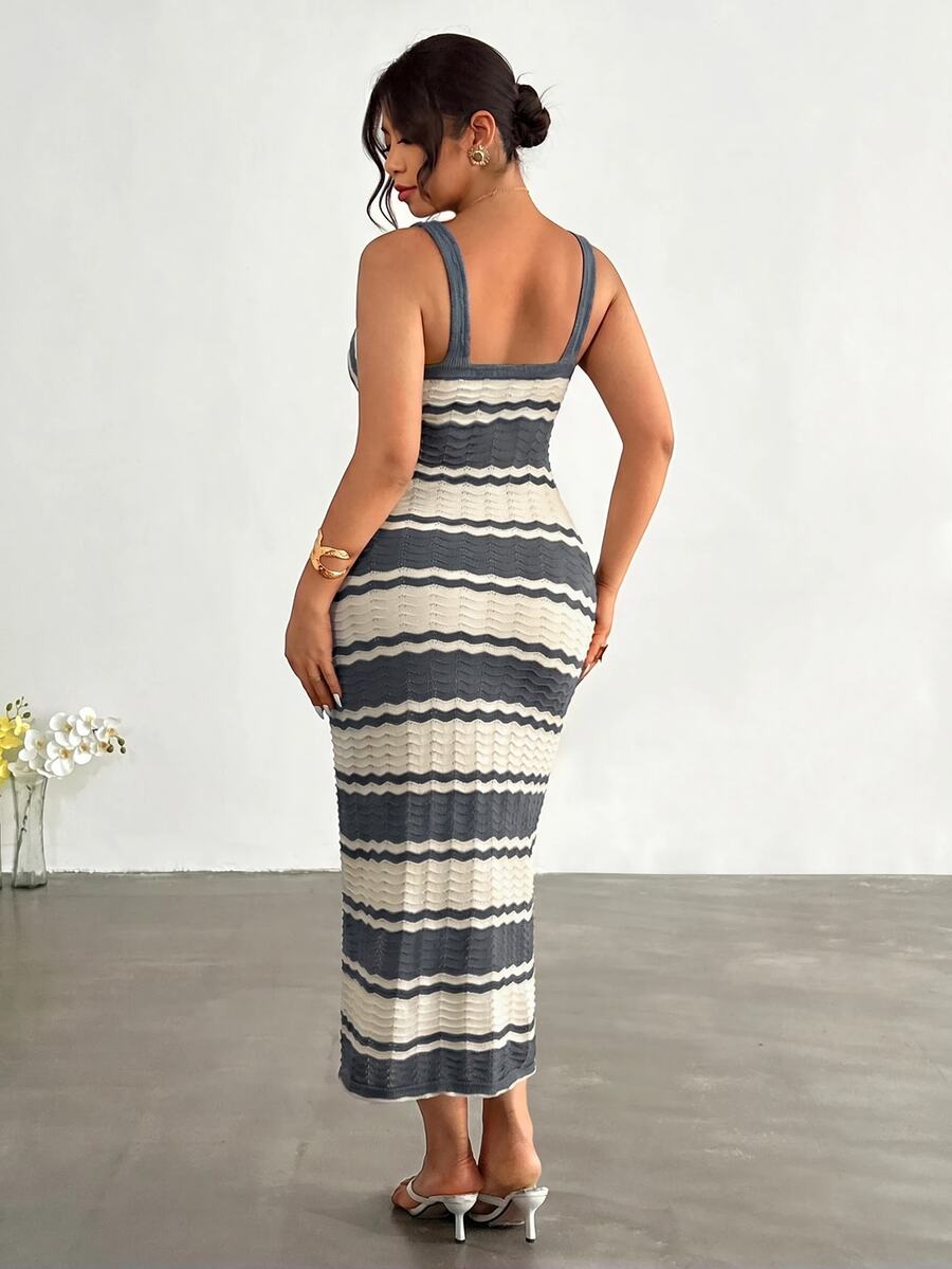 front close view of colorblock striped sleeveless knit midi dress