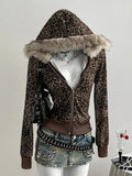 Front view of brown black leopard zip-up hoodie with tan faux-fur hood