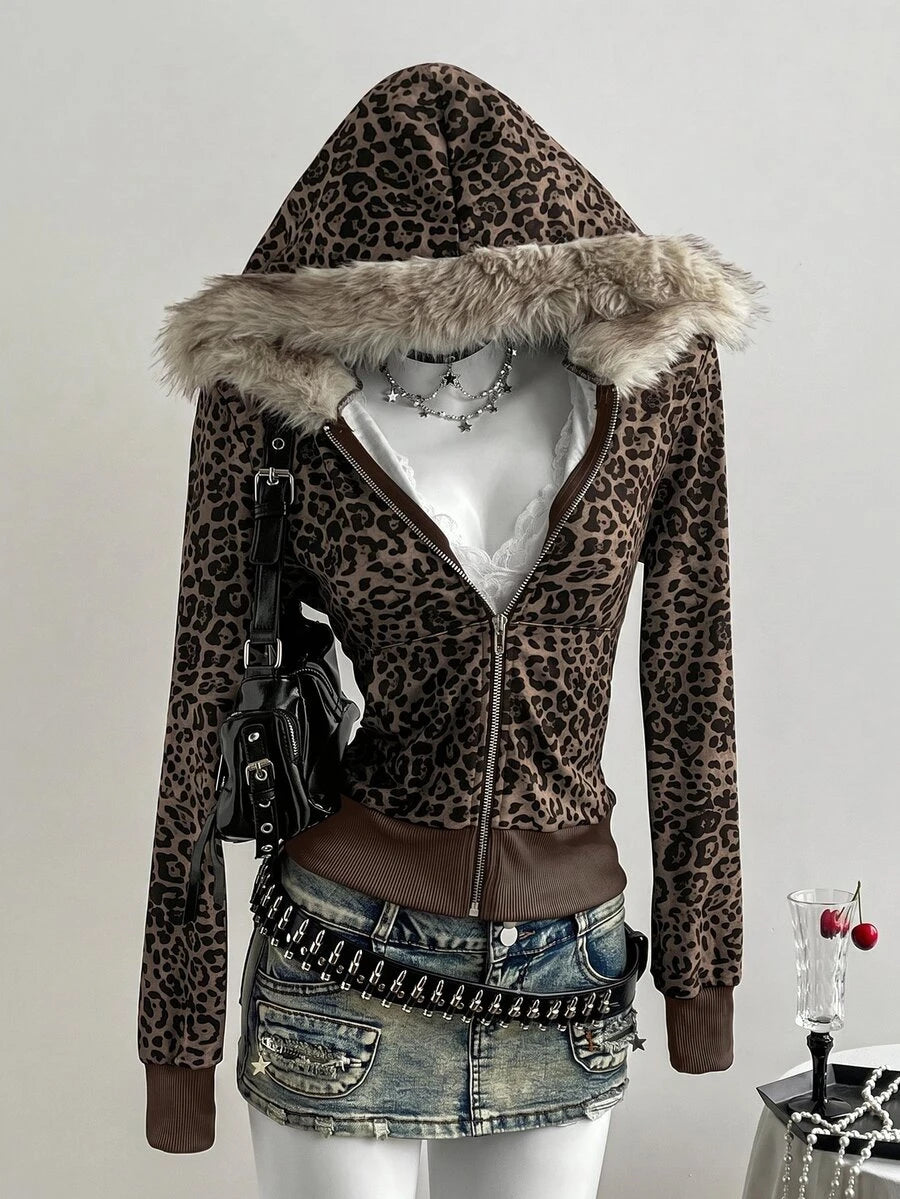 Front view of brown black leopard zip-up hoodie with tan faux-fur hood