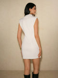 Back three-quarter view of the off-white sleeveless fitted mini dress with a plain back and straight hem.