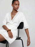 White V Neck Tie Waist Mini Dress with Short Sleeves for Summer Beach Vacations