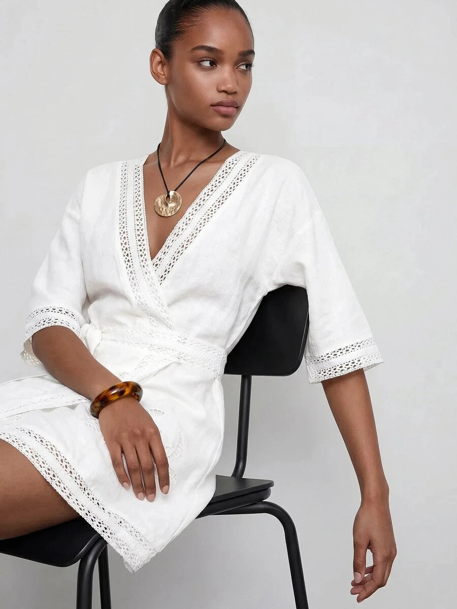 White V Neck Tie Waist Mini Dress with Short Sleeves for Summer Beach Vacations