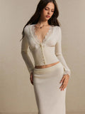 Closer front view of ivory cardigan and skirt set highlighting lace V-neck and button front