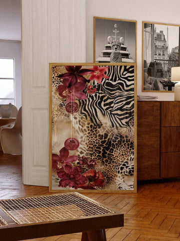 Leopard and zebra print floral canvas wall art in a gold frame in a warm interior