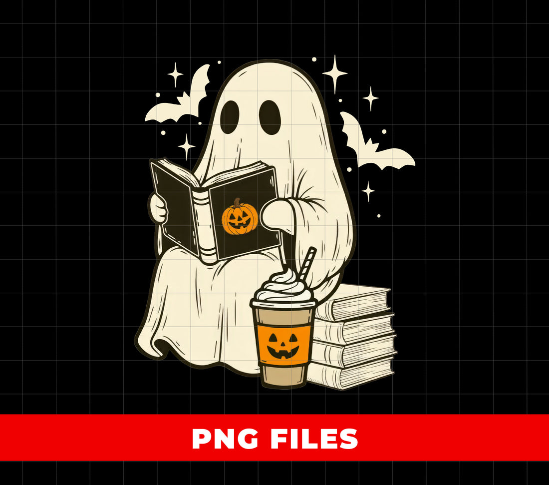 Cute Ghost Reading Book Halloween Coffee, Pumpkin Cup Boo Ghost, Spooky Bat Stars Clipart, Fall Book Lover Ghost