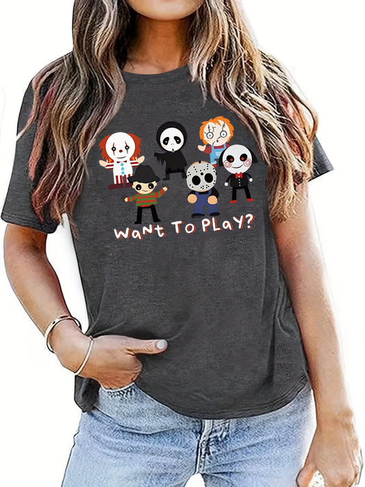 This Halloween Cartoon Print T-Shirt offers a fun and comfortable casual look for women. It features a short sleeve top for the spring and summer months, and is constructed of lightweight fabric, perfect for everyday wear. The cartoon print makes it a great choice for a fun and casual look.