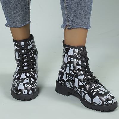 Halloween Haunt: Women's Ghost Print Combat Boots - Spooky Style with Comfort