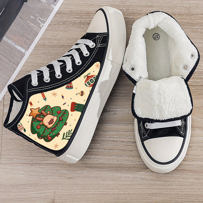 Cute Christmas Tree Print Canvas Shoes: Stylish High Top Outdoor Shoes with Plush Lining for Women