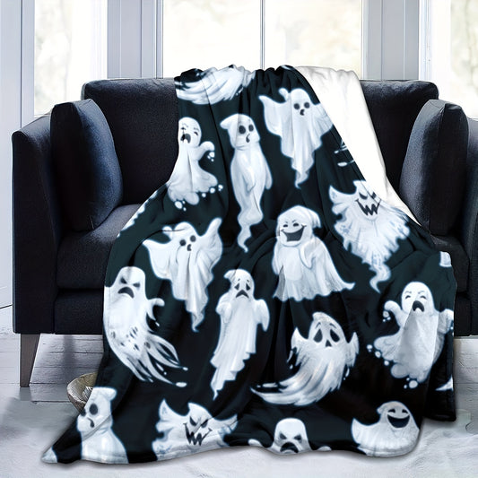 Halloween Ghost Print Flannel Blanket: Soft, Warm, and Spooky Throw for All-season Home Decor and Gifting