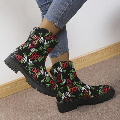 Expressing Vibrancy: Women's Colorful Graffiti Boots - Back Zipper Slip-On Round Toe Non-Slip Velvet Warm Comfy Shoes - Versatile Casual Shoes