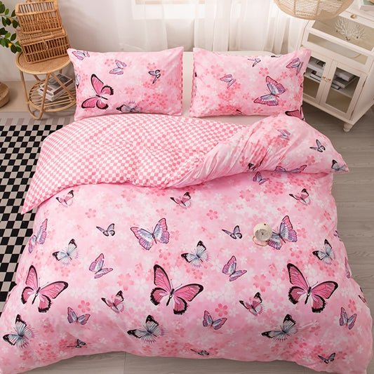 Fluttering Elegance: 3-Piece Butterfly Flower Print Duvet Cover Set - Transform Your Bedroom into a Stylish Oasis
