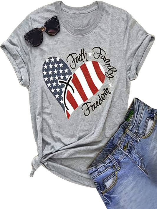 Show your patriotic spirit with this US Flag and Letter Print T-Shirt. Crafted with a casual crew neck, short sleeve and light weight fabric, this shirt is perfect for wearing throughout the spring and summer season. Made with 100% cotton for comfort and durability, it is the ideal garment for women's clothing.