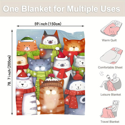 Warm and Cozy: Cat Wearing Hat Scarf Christmas Atmosphere Blanket - The Perfect Blanket for Home, Office, and Travel