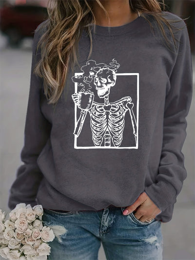 Halloween Skull Drink Graphic Print Sweatshirt, Casual Long Sleeve Crew Neck Sweatshirt, Women's Clothing