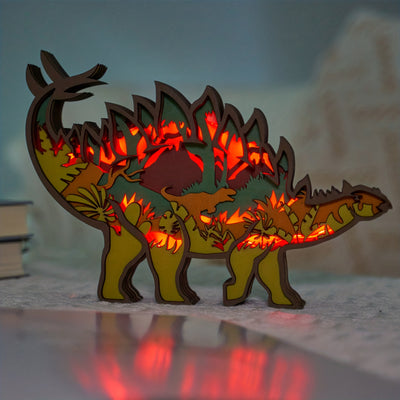 Dinosaur Delight: Stegosaurus Wooden Art Carving Light - Perfect Bedside Desk Decor and Soothing Night Light for Kids