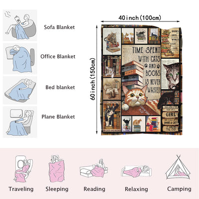Cuddle Up with a Cozy Cartoon Cat and Book Print Flannel Blanket - Perfect for Bed, Couch, or Sofa!