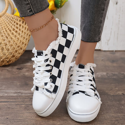 Stylish and Comfortable Women's Checkerboard Pattern Lace-Up Canvas Shoes